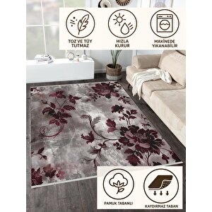 Pamuk Dokuma Taban Halı – Gri; Bordo – Çiçekli Desen, Eskitilmiş Görünümlü Tasarım, Makinede Yıkanabilir, Kolay Temizlenebilir, Toz Ve Tüy Tutmaz, Kaymaz, Evcil Hayvan Dostu
