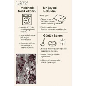Pamuk Dokuma Taban Halı – Gri; Bordo – Çiçekli Desen, Eskitilmiş Görünümlü Tasarım, Makinede Yıkanabilir, Kolay Temizlenebilir, Toz Ve Tüy Tutmaz, Kaymaz, Evcil Hayvan Dostu