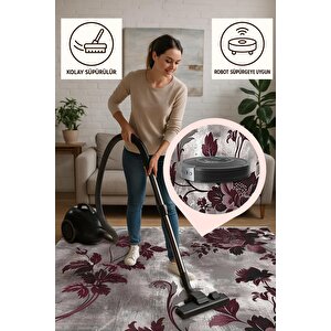 Pamuk Dokuma Taban Halı – Gri; Bordo – Çiçekli Desen, Eskitilmiş Görünümlü Tasarım, Makinede Yıkanabilir, Kolay Temizlenebilir, Toz Ve Tüy Tutmaz, Kaymaz, Evcil Hayvan Dostu