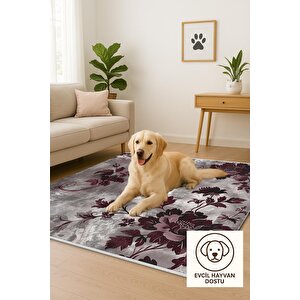 Pamuk Dokuma Taban Halı – Gri; Bordo – Çiçekli Desen, Eskitilmiş Görünümlü Tasarım, Makinede Yıkanabilir, Kolay Temizlenebilir, Toz Ve Tüy Tutmaz, Kaymaz, Evcil Hayvan Dostu