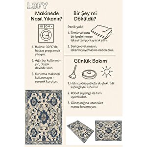 Oturma Odası Halısı – Krem; Lacivert – Eskitilmiş Görünümlü Tasarım, Makinede Yıkanabilir, Kolay Temizlenebilir, Toz Ve Tüy Tutmaz, Kaymaz, Evcil Hayvan Dostu