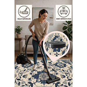 Oturma Odası Halısı – Krem; Lacivert – Eskitilmiş Görünümlü Tasarım, Makinede Yıkanabilir, Kolay Temizlenebilir, Toz Ve Tüy Tutmaz, Kaymaz, Evcil Hayvan Dostu