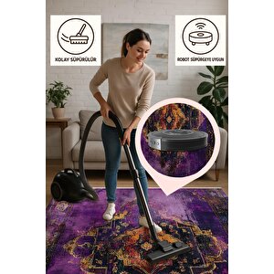 Pamuk Dokuma Taban Halı – Mor; Turuncu; Sarı – Eskitilmiş Görünümlü Oriental Desen, Makinede Yıkanabilir, Kolay Temizlenebilir, Toz Ve Tüy Tutmaz, Kaymaz, Evcil Hayvan Dostu