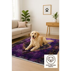 Pamuk Dokuma Taban Halı – Mor; Turuncu; Sarı – Eskitilmiş Görünümlü Oriental Desen, Makinede Yıkanabilir, Kolay Temizlenebilir, Toz Ve Tüy Tutmaz, Kaymaz, Evcil Hayvan Dostu
