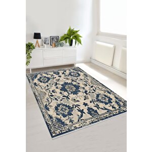 Oturma Odası Halısı – Krem; Lacivert – Eskitilmiş Görünümlü Tasarım, Makinede Yıkanabilir, Kolay Temizlenebilir, Toz Ve Tüy Tutmaz, Kaymaz, Evcil Hayvan Dostu 180x270 cm