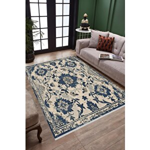 Oturma Odası Halısı – Krem; Lacivert – Eskitilmiş Görünümlü Tasarım, Makinede Yıkanabilir, Kolay Temizlenebilir, Toz Ve Tüy Tutmaz, Kaymaz, Evcil Hayvan Dostu