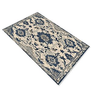 Oturma Odası Halısı – Krem; Lacivert – Eskitilmiş Görünümlü Tasarım, Makinede Yıkanabilir, Kolay Temizlenebilir, Toz Ve Tüy Tutmaz, Kaymaz, Evcil Hayvan Dostu