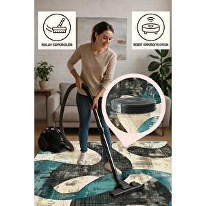 Oturma Odası Halısı – Siyah; Turkuaz – Soyut Desen, Makinede Yıkanabilir, Kolay Temizlenebilir, Toz Ve Tüy Tutmaz, Kaymaz, Evcil Hayvan Dostu