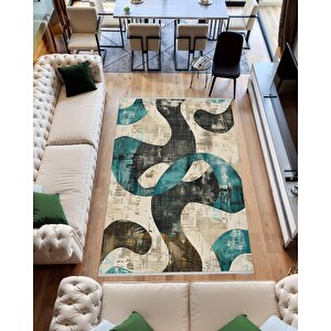 Oturma Odası Halısı – Siyah; Turkuaz – Soyut Desen, Makinede Yıkanabilir, Kolay Temizlenebilir, Toz Ve Tüy Tutmaz, Kaymaz, Evcil Hayvan Dostu