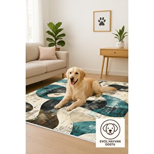 Oturma Odası Halısı – Siyah; Turkuaz – Soyut Desen, Makinede Yıkanabilir, Kolay Temizlenebilir, Toz Ve Tüy Tutmaz, Kaymaz, Evcil Hayvan Dostu