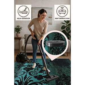 Pamuk Dokuma Taban Halı – Turkuaz; Siyah – Damask Desen, Makinede Yıkanabilir, Kolay Temizlenebilir, Toz Ve Tüy Tutmaz, Kaymaz, Evcil Hayvan Dostu