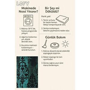 Pamuk Dokuma Taban Halı – Turkuaz; Siyah – Damask Desen, Makinede Yıkanabilir, Kolay Temizlenebilir, Toz Ve Tüy Tutmaz, Kaymaz, Evcil Hayvan Dostu