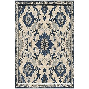 Oturma Odası Halısı – Krem; Lacivert – Eskitilmiş Görünümlü Tasarım, Makinede Yıkanabilir, Kolay Temizlenebilir, Toz Ve Tüy Tutmaz, Kaymaz, Evcil Hayvan Dostu 160x180 cm