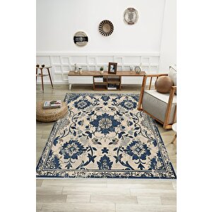 Oturma Odası Halısı – Krem; Lacivert – Eskitilmiş Görünümlü Tasarım, Makinede Yıkanabilir, Kolay Temizlenebilir, Toz Ve Tüy Tutmaz, Kaymaz, Evcil Hayvan Dostu 160x180 cm