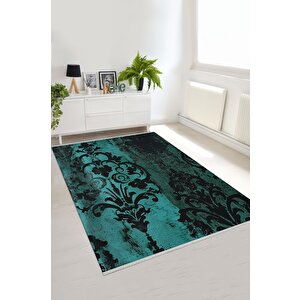 Pamuk Dokuma Taban Halı – Turkuaz; Siyah – Damask Desen, Makinede Yıkanabilir, Kolay Temizlenebilir, Toz Ve Tüy Tutmaz, Kaymaz, Evcil Hayvan Dostu