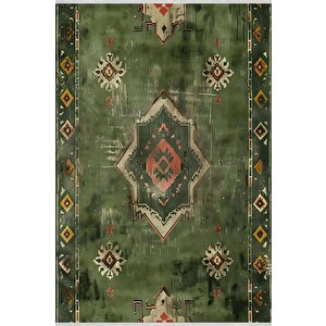 Pamuk Dokuma Taban Halı – Yeşil; Krem; Kiremit – Eskitilmiş Görünümlü Geleneksel Desen, Makinede Yıkanabilir, Kolay Temizlenebilir, Toz Ve Tüy Tutmaz, Kaymaz, Evcil Hayvan Dostu 160x350 cm