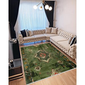 Pamuk Dokuma Taban Halı – Yeşil; Krem; Kiremit – Eskitilmiş Görünümlü Geleneksel Desen, Makinede Yıkanabilir, Kolay Temizlenebilir, Toz Ve Tüy Tutmaz, Kaymaz, Evcil Hayvan Dostu 160x350 cm