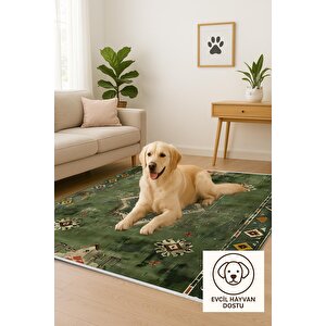 Pamuk Dokuma Taban Halı – Yeşil; Krem; Kiremit – Eskitilmiş Görünümlü Geleneksel Desen, Makinede Yıkanabilir, Kolay Temizlenebilir, Toz Ve Tüy Tutmaz, Kaymaz, Evcil Hayvan Dostu