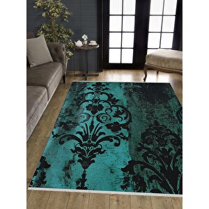 Pamuk Dokuma Taban Halı – Turkuaz; Siyah – Damask Desen, Makinede Yıkanabilir, Kolay Temizlenebilir, Toz Ve Tüy Tutmaz, Kaymaz, Evcil Hayvan Dostu 160x180 cm