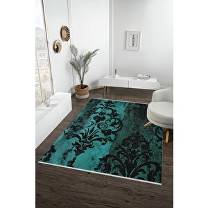 Pamuk Dokuma Taban Halı – Turkuaz; Siyah – Damask Desen, Makinede Yıkanabilir, Kolay Temizlenebilir, Toz Ve Tüy Tutmaz, Kaymaz, Evcil Hayvan Dostu 160x180 cm
