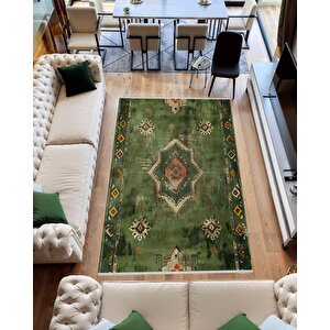 Pamuk Dokuma Taban Halı – Yeşil; Krem; Kiremit – Eskitilmiş Görünümlü Geleneksel Desen, Makinede Yıkanabilir, Kolay Temizlenebilir, Toz Ve Tüy Tutmaz, Kaymaz, Evcil Hayvan Dostu 150x150 cm