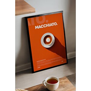 Macchiato Kahve Tablosu – Turuncu Zeminli Espresso Temalı Ahşap Duvar Dekoru
