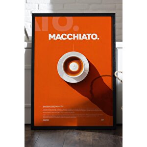 Macchiato Kahve Tablosu – Turuncu Zeminli Espresso Temalı Ahşap Duvar Dekoru