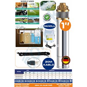 1.1 Hp 220v Kalem Dalgıç Su Motoru Pompa | Panolu + 20m Kablo - 4svm100 | 60m Derinlik -600m Yatay | Kademeli | 1" Su Çıkış Ağzı | Sondaj Tipi - 3 Ton Su