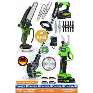 21v 5ah +4 Akülü Ba01114y Uzayan Teleskopik Kol Çim Biçme - Akülü Zincirli Budama Testeresi Ve 30mm Budama Makası - Pratik Süper 3'lü Set