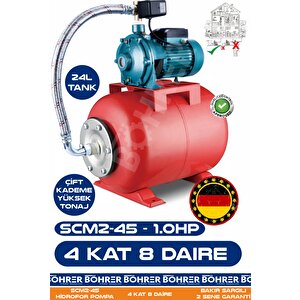 Scm2-45 1.0 Hp Çift Kademeli 24l Yatay Genleşme Tank -- Otomatik Hidrofor Bina Bahçe Su Pompası – 4 Kat 8 Daire - Su Basıncında Profesyonel Çözüm