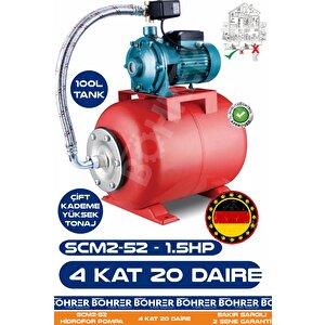 Scm2-52 1.5 Hp Çift Kademeli 100l Yatay Genleşme Tank -- Otomatik Hidrofor Bina Bahçe Su Pompası – 4 Kat 20 Daire - Su Basıncında Profesyonel Çözüm