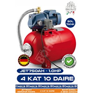 Jet750ah 1.0 Hp 50l Yatay Genleşme Tank -- Otomatik Hidrofor Bina Bahçe Su Pompası – 4 Kat 10 Daire - Su Basıncında Profesyonel Çözüm