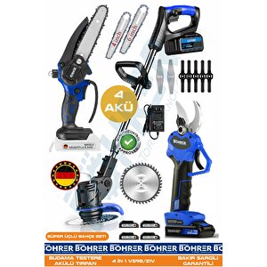 21v 5ah +4 Akülü Ba01114m Uzayan Teleskopik Kol Çim Biçme - Akülü Zincirli Budama Testeresi Ve 30mm Budama Makası - Pratik Süper 3'lü Set