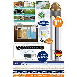 1.5 Hp 220v Kalem Dalgıç Su Motoru Pompa | Panolu + 20m Kablo - 4svm150 | 100m Derinlik -1000m Yatay | Kademeli | 1" Su Çıkış Ağzı | Sondaj Tipi - 3 Ton Su