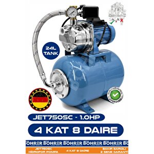 Jet750sc 1.0 Hp Paslanmaz Giriş Çıkış 24l Yatay Genleşme Tank  -- Otomatik Hidrofor Bina Bahçe Su Pompası – 4 Kat 8 Daire - Su Basıncında Profesyonel Çözüm