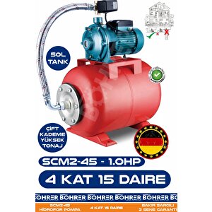 Scm2-45 1.0 Hp Çift Kademeli 50l Yatay Genleşme Tank -- Otomatik Hidrofor Bina Bahçe Su Pompası – 4 Kat 15 Daire - Su Basıncında Profesyonel Çözüm
