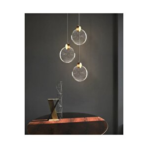Luxury Modern Üçlü Yuvarlak Sarkıt Kristal Camlı Led Avize Gold Sarı Ledli Avize