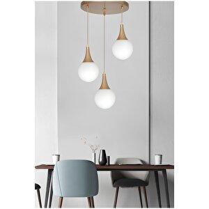 Modern 3'lü Sarkıt Beyaz Opal Camlı Salon Mutfak Oturma Odası Avize Eskitme Gold