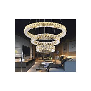A+ Modern Sarkıt Üçlü Kristal Taşlı Power Led Avize Kademeli 3 Renk Kumandalı Krom