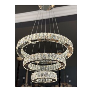 A+ Modern Sarkıt Üçlü Kristal Taşlı Power Led Avize Kademeli 3 Renk Kumandalı Krom
