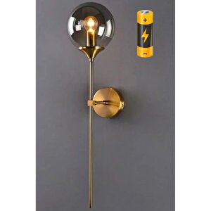Modern Tasarım Füme Camlı Pilli Aplik Kablosuz Tak Çalıştır Aç Kapa Butonlu Eskitme Gold Sarı