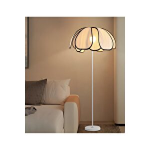 Boheme Modern Tasarım Palm Burenze Dekoratif Lambader Beyaz Gövde Ekru Kumaş Abajur
