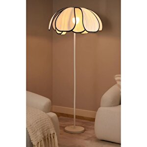 Boheme Modern Tasarım Palm Burenze Dekoratif Lambader Beyaz Gövde Ekru Kumaş Abajur