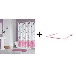 Banyo Perdesi 6020 1x180x200, Perde Borusu Askı Aparatı Köşe Boru Pembe Hediyeli, Duş Perdesi Seti