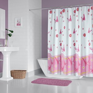 Banyo Perdesi 6020 1x180x200, Perde Borusu Askı Aparatı Köşe Boru Pembe Hediyeli, Duş Perdesi Seti