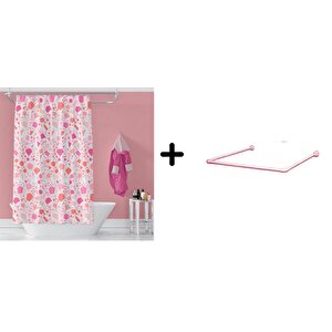 Banyo Perdesi 6811 1x180x200, Perde Borusu Askı Aparatı Köşe Boru Pembe Hediyeli, Duş Perdesi Seti
