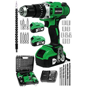Germany Technology Darbeli 13mm 58 V 5 Ah Çift Xr Akülü Şarjlı Vidalama Matkap Yeşil + Set