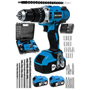 Germany Technology Darbeli 13mm 58 V 5 Ah Çift Xr Akülü Şarjlı Vidalama Matkap Mavi + Set
