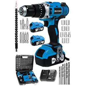 Germany Technology Darbeli 13mm 58 V 5 Ah Çift Xr Akülü Şarjlı Vidalama Matkap Mavi + Set