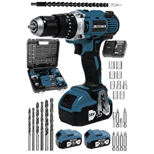Germany Technology Darbeli 13mm 58 V 5 Ah Çift Xr Akülü Şarjlı Vidalama Matkap Darkblue+ Set